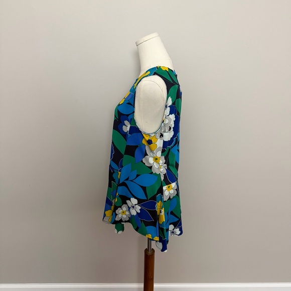 Jules & Leopold Top Peplum Sleeveless Floral Slinky Stretchy Travel Blue Yellow - Picture 4 of 5